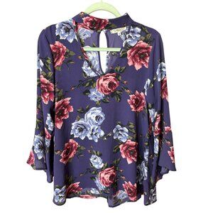 Floral Keyhole Blouse Flared Sleeves Choker Sz S Whimsy Coquette Romantic Sexy